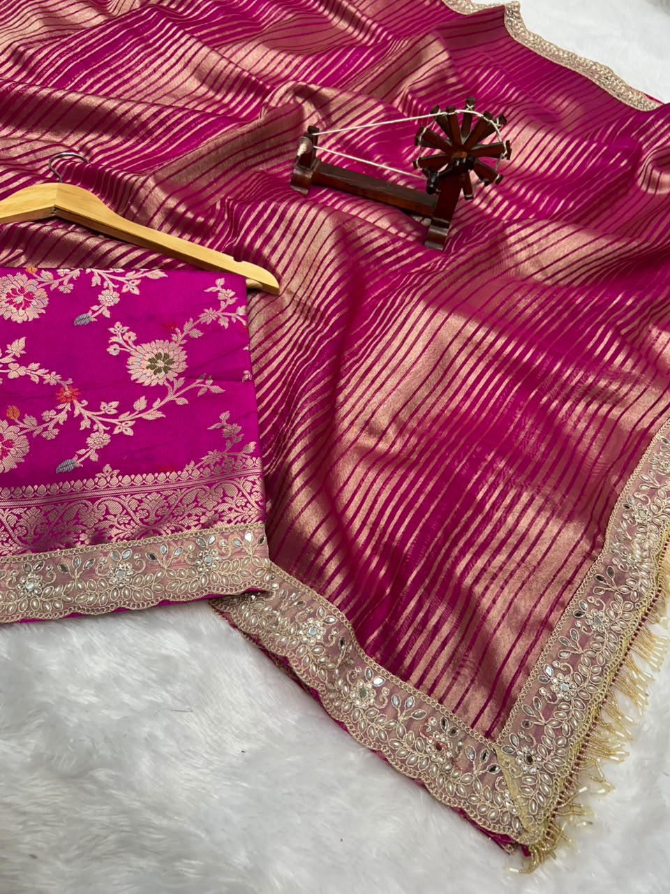 Banarasi Organza Tissue Strip Silk Saree With Fancy Diamond & Mirror Work Lace