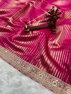 Banarasi Organza Tissue Strip Silk Saree With Fancy Diamond & Mirror Work Lace