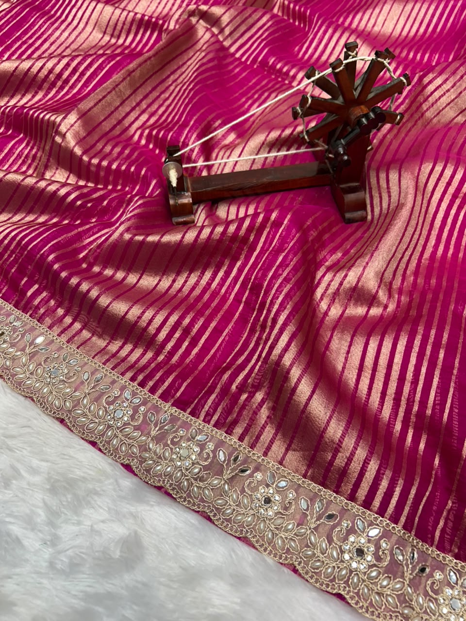 Banarasi Organza Tissue Strip Silk Saree With Fancy Diamond & Mirror Work Lace