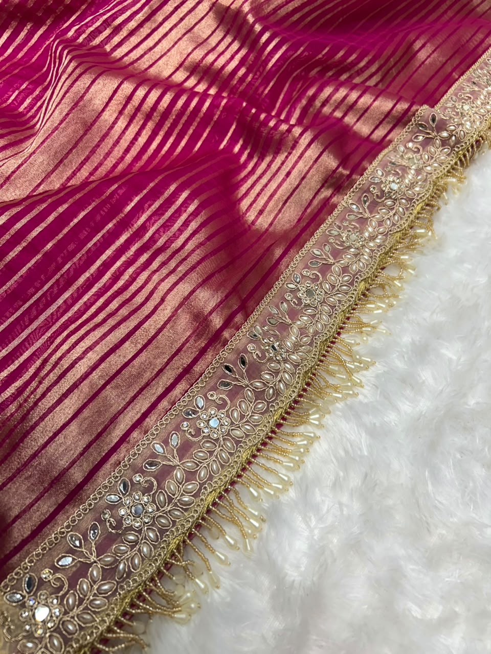 Banarasi Organza Tissue Strip Silk Saree With Fancy Diamond & Mirror Work Lace