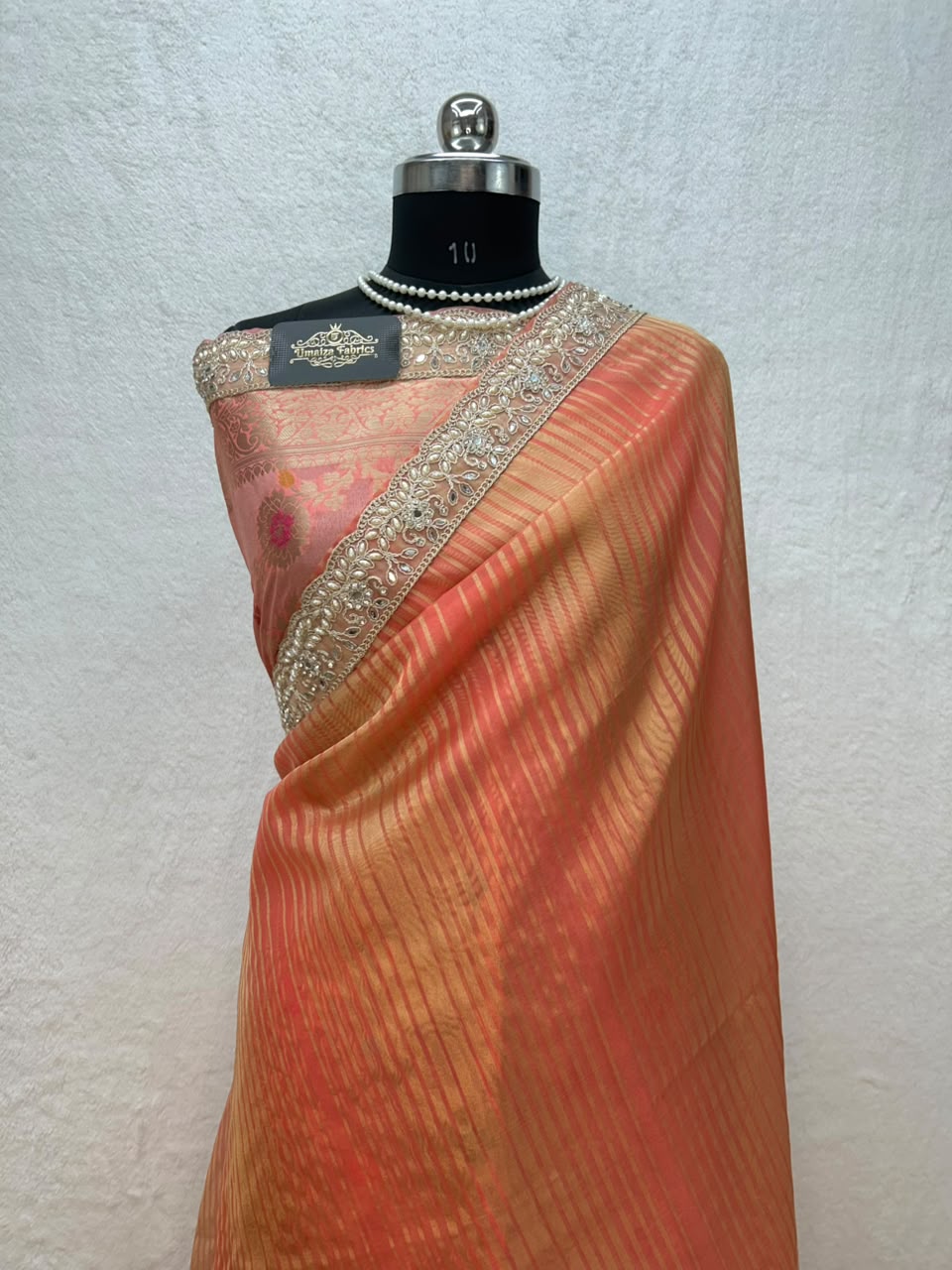 Banarasi Organza Tissue Strip Silk Saree With Fancy Diamond & Mirror Work Lace