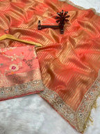 Banarasi Organza Tissue Strip Silk Saree With Fancy Diamond & Mirror Work Lace