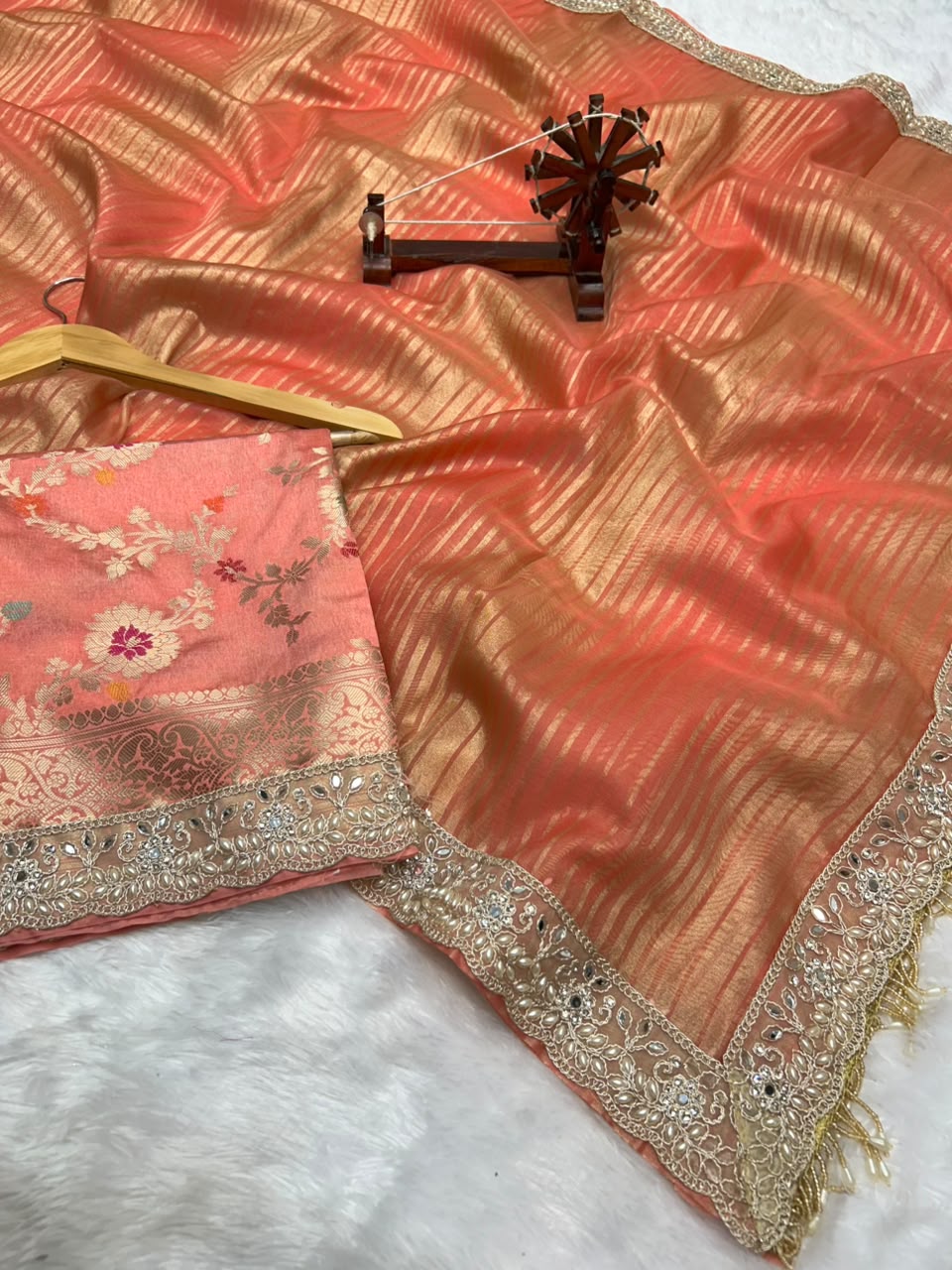 Banarasi Organza Tissue Strip Silk Saree With Fancy Diamond & Mirror Work Lace