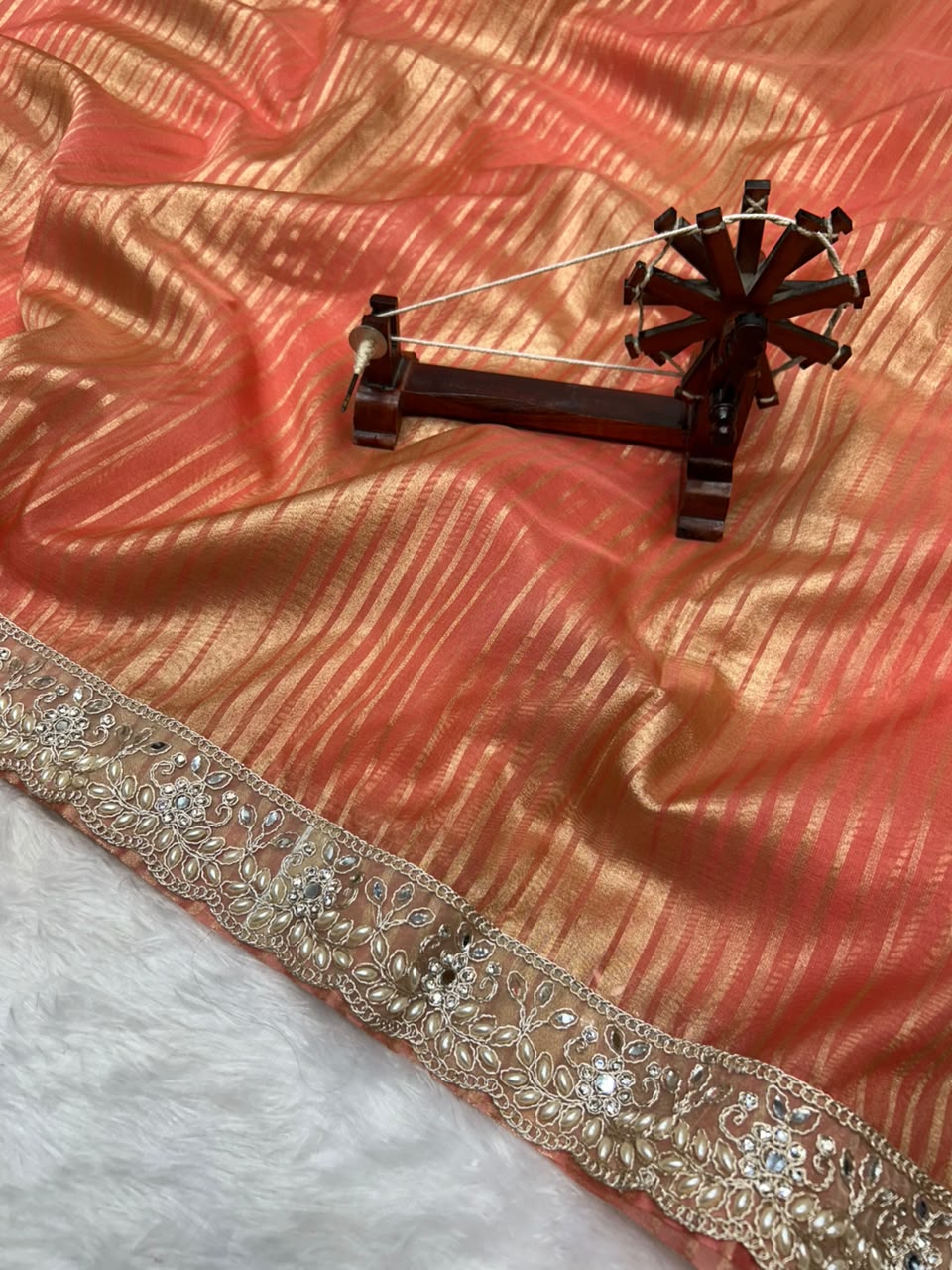 Banarasi Organza Tissue Strip Silk Saree With Fancy Diamond & Mirror Work Lace