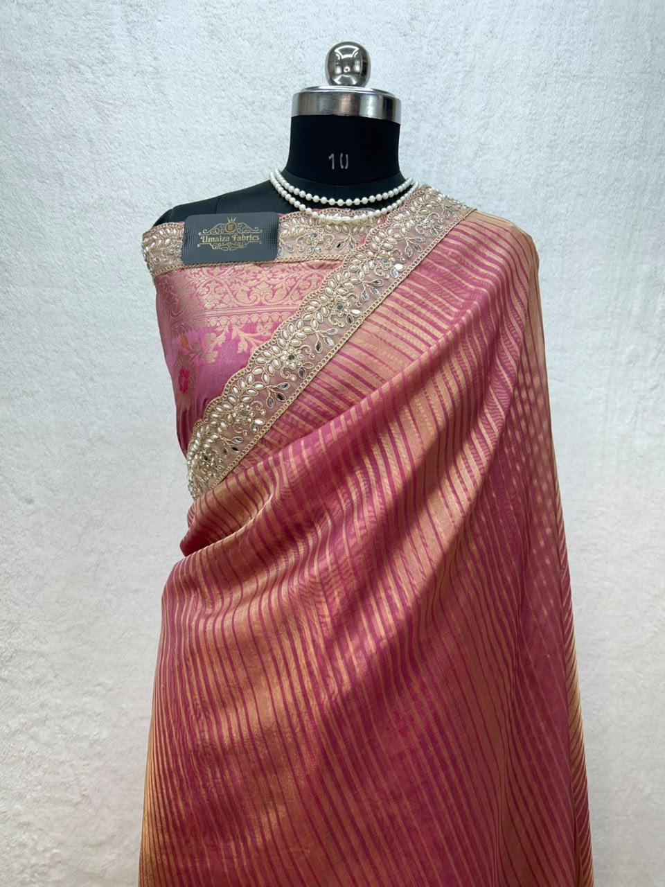 Banarasi Organza Tissue Strip Silk Saree With Fancy Diamond & Mirror Work Lace