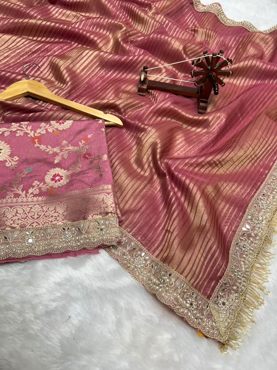 Banarasi Organza Tissue Strip Silk Saree With Fancy Diamond & Mirror Work Lace