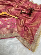 Banarasi Organza Tissue Strip Silk Saree With Fancy Diamond & Mirror Work Lace
