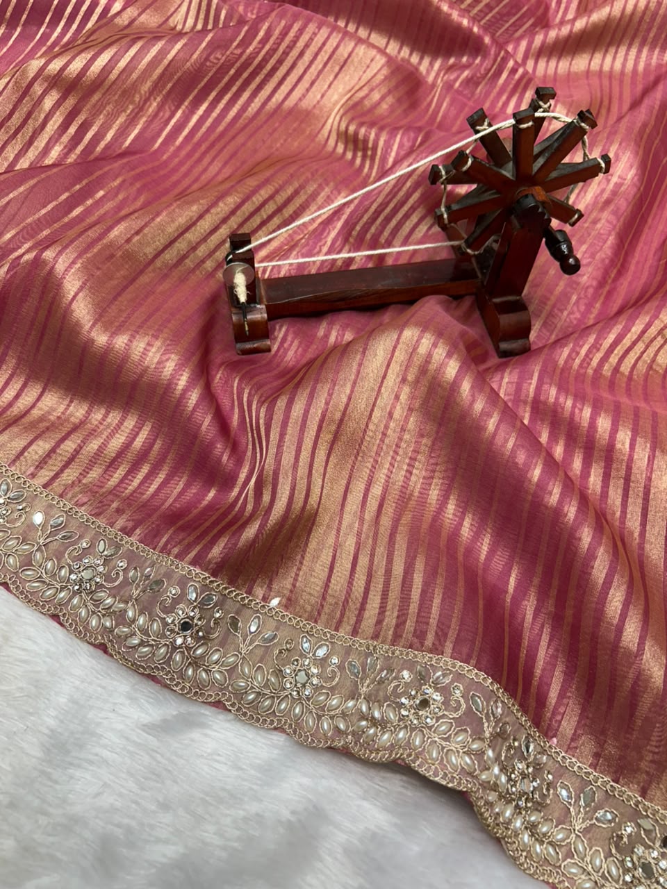 Banarasi Organza Tissue Strip Silk Saree With Fancy Diamond & Mirror Work Lace