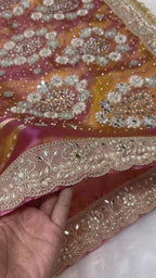 Pure Banarasi Tissue Silk Saree In Dual Tone With Heavy Mirror & Diamond Handwork
