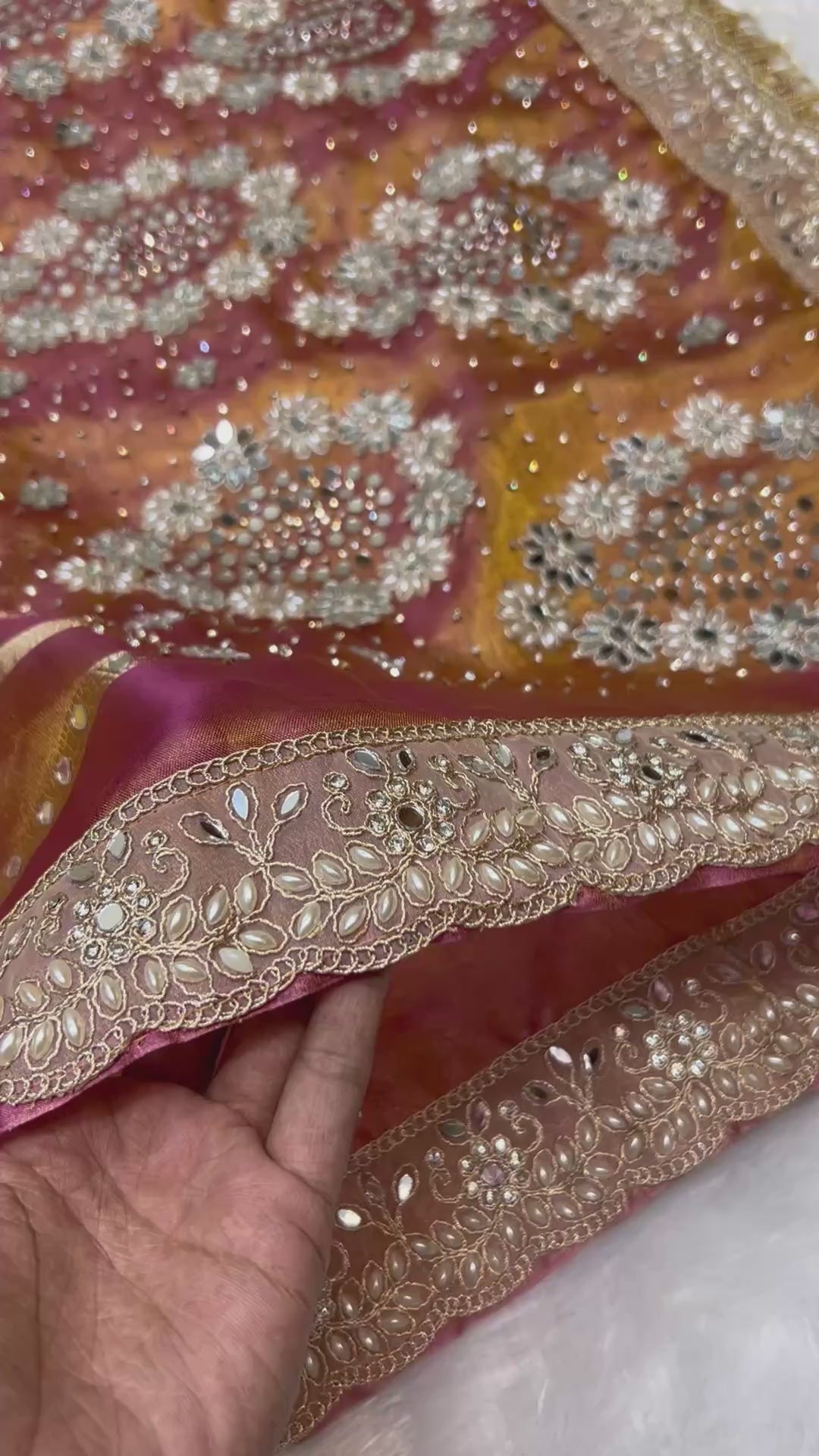 Pure Banarasi Tissue Silk Saree In Dual Tone With Heavy Mirror & Diamond Handwork